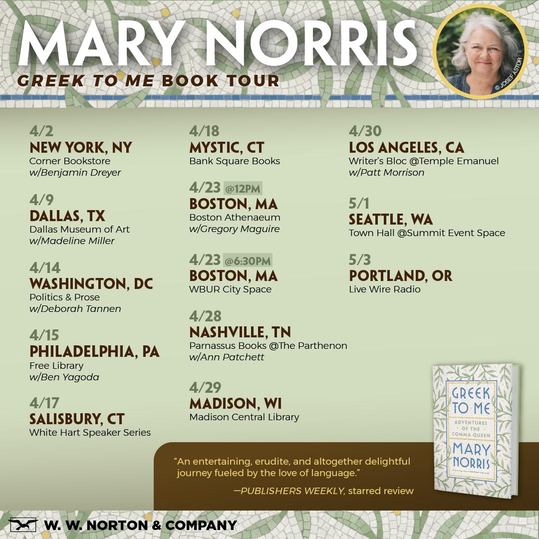 MaryNorrisTNY's tweet photo. #GreektoMe Book Tour begins April 2: New York, Dallas, DC, Philly, CT, Boston, Cleveland (Loganberry Books, Shaker Hts.), THE NASHVILLE PARTHENON (!), Madison (WI), LA, Seattle, Portland (OR) . . . and beyond! https://t.co/Z7jcu5IIeF