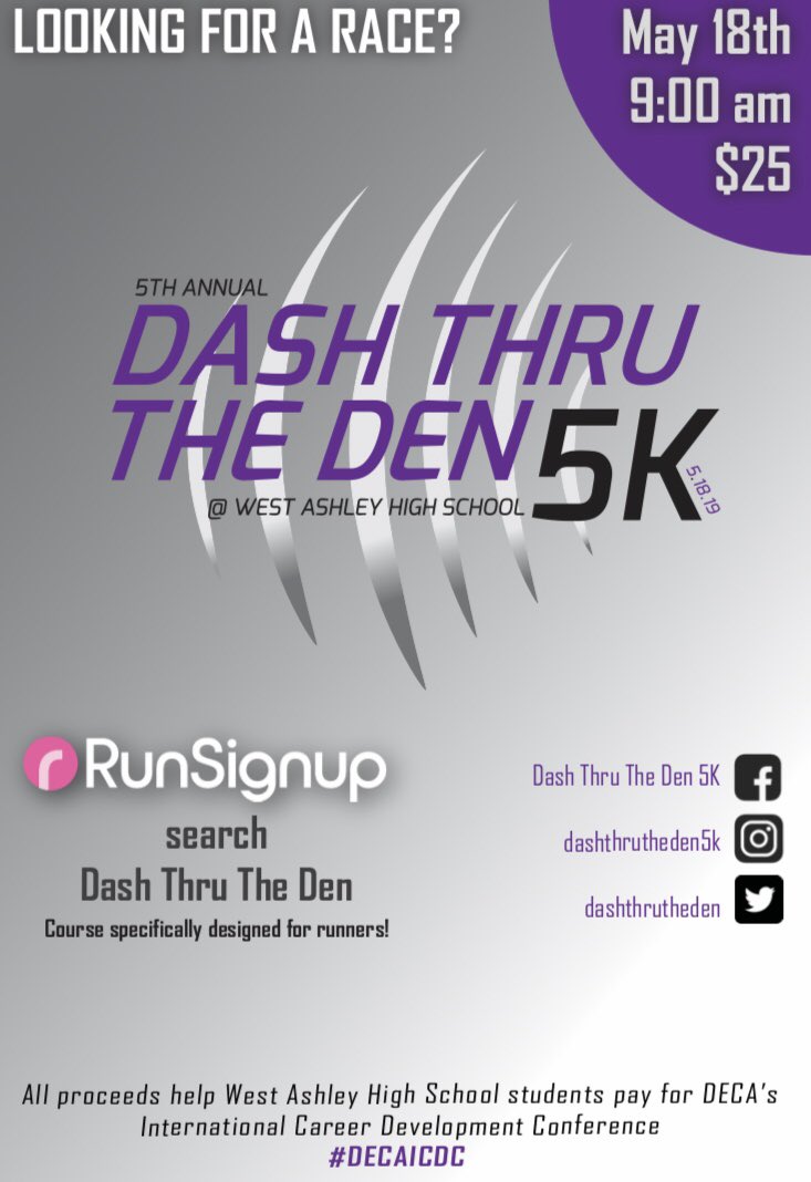 DashThruTheDen's tweet photo. West Ashley High School DECA is beyond excited to announce our 5th annual Dash Thru The Den! The race will be held at West Ashley High School on May 18th at 9:00 am. Support your local DECA chapter by registering at https://t.co/uBlqEVoUhJ. We can’t wait to see you there! https://t.co/YPEyYheOf7