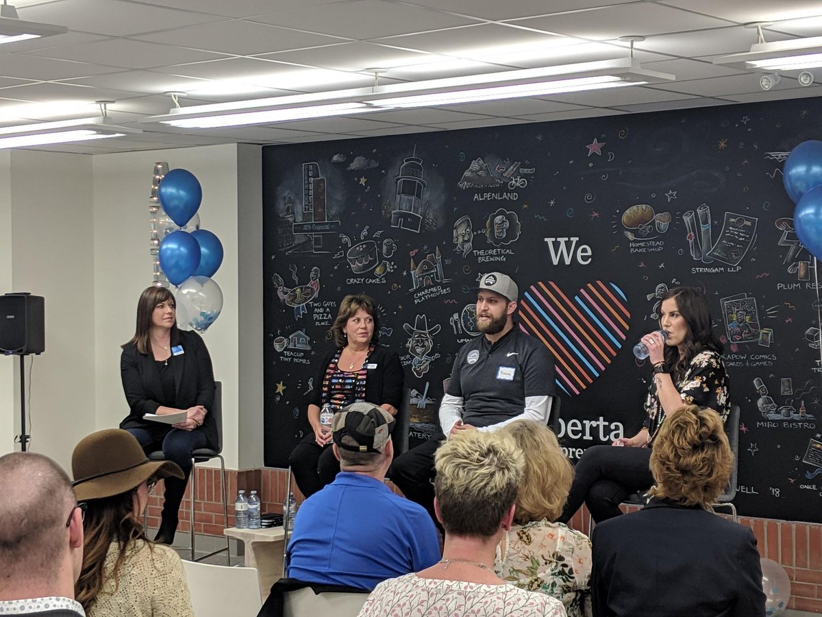 CGrassing1's tweet photo. Kicking off #theStruggleYQL at the 1-year anniversary celebration of #ECYQL with our local Entrepreneur panelists, Vicky Vanden Hoek, Blaine Emelson, and Linnden King, moderated by @RiotgirlKim 
@atbfinancial @ATBBusiness https://t.co/hG44QFIVSQ