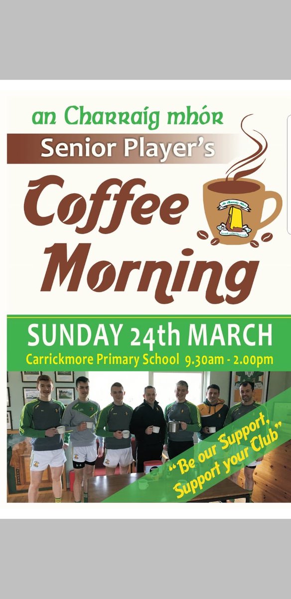 CarmenGAA32's tweet photo. A chairde,
Just to remind all that Annette Kelly represents the Club in the Ulster Final on Saturday at 5pm in Galbally and our Senior Men are hosting a Coffee Morning in the Primary School on Sunday from 9.30 - 2pm.

All support appreciated. Go raibh Maith Agaibh #ACM 👍😊 https://t.co/WAN7nAd9TI