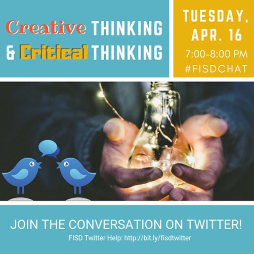 MatosTech's tweet photo. Calling all @Cen10titans Teachers! Creative thinking & Critical thinking #FISDchat is scheduled for Tuesday, April 16 at 7:00 PM. Submit your participation for the Twitter Chatter #TitanTag https://t.co/oXiaKTQxCY