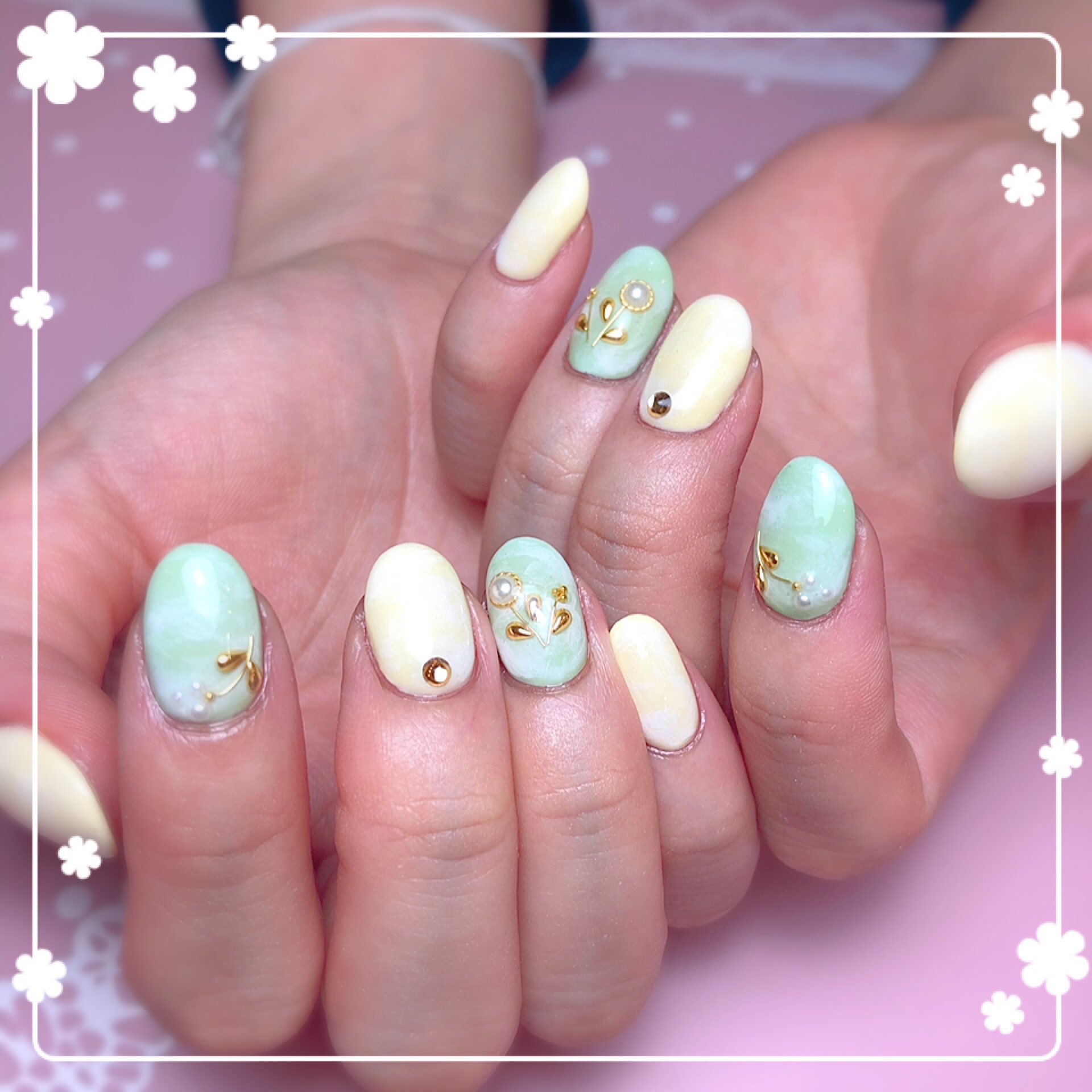 Masami En Twitter お客様ネイル 春のパステルネイル ワイヤーネイル フラワー 花 春ネイル パステルネイル パステルグリーン パステルイエロー パール フラワーアート ショートネイル タイダイ マーブル ジェルネイル ジェルアート フレーム
