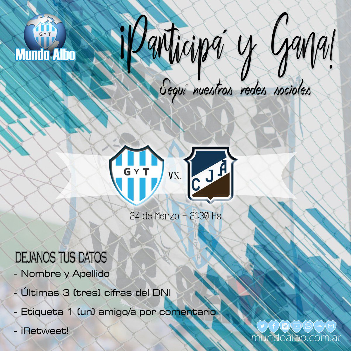 mundoalbook's tweet photo. #SorteoMundoAlbo // Desde #MundoAlbo sorteamos 3 (tres) entradas para que vayas al Gigante a ver al Albo este domingo frente a @cjaoficial por la 10° del #FederalA
👉🏻 ¡EL DOMINGO CUESTE LO QUE CUESTE HAY QUE GANAR!. VAMOS LOS ALBOS, PARTICIPÁ.
#VamosGyT💪🏼 https://t.co/7Pzo6D21lY