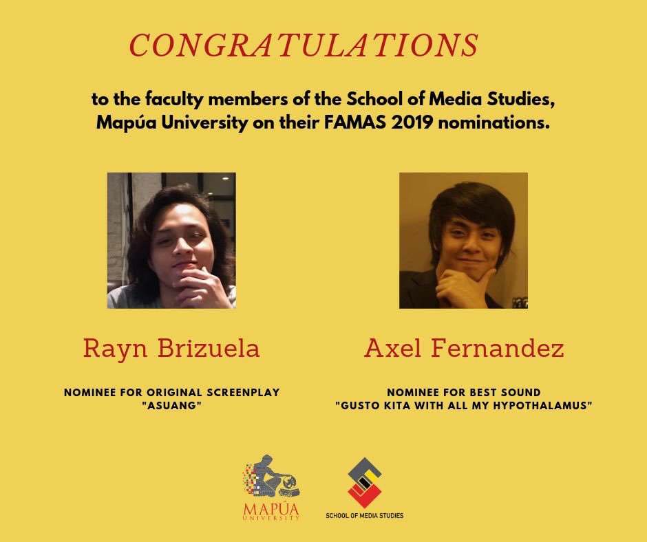 SMSMapuaUniv's tweet photo. Two Mapúa's Multimedia Arts alumni, and now faculty members of the School of Media Studies, Mapúa University are nominated in separate categories for this year's FAMAS. https://t.co/Fz0LTGefNZ