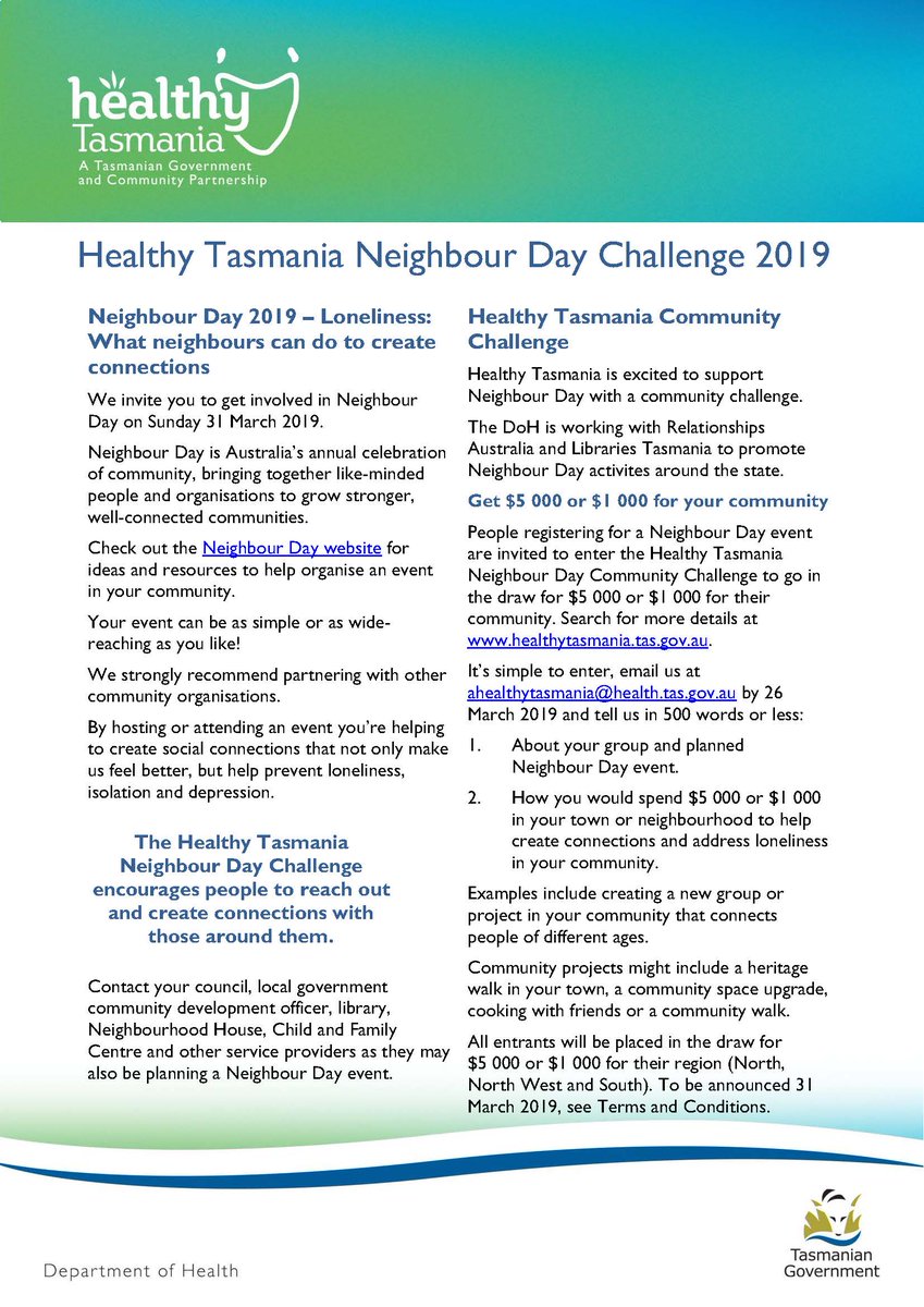 Join our Healthy Tasmania Neighbour Day Challenge! 
People registering for a Neighbour Day event are invited to enter the Healthy Tasmania Neighbour Day Challenge - you could receive $5 000 or $1 000 for your community. Enter by 26 March. For more info bit.ly/2UM3CXs