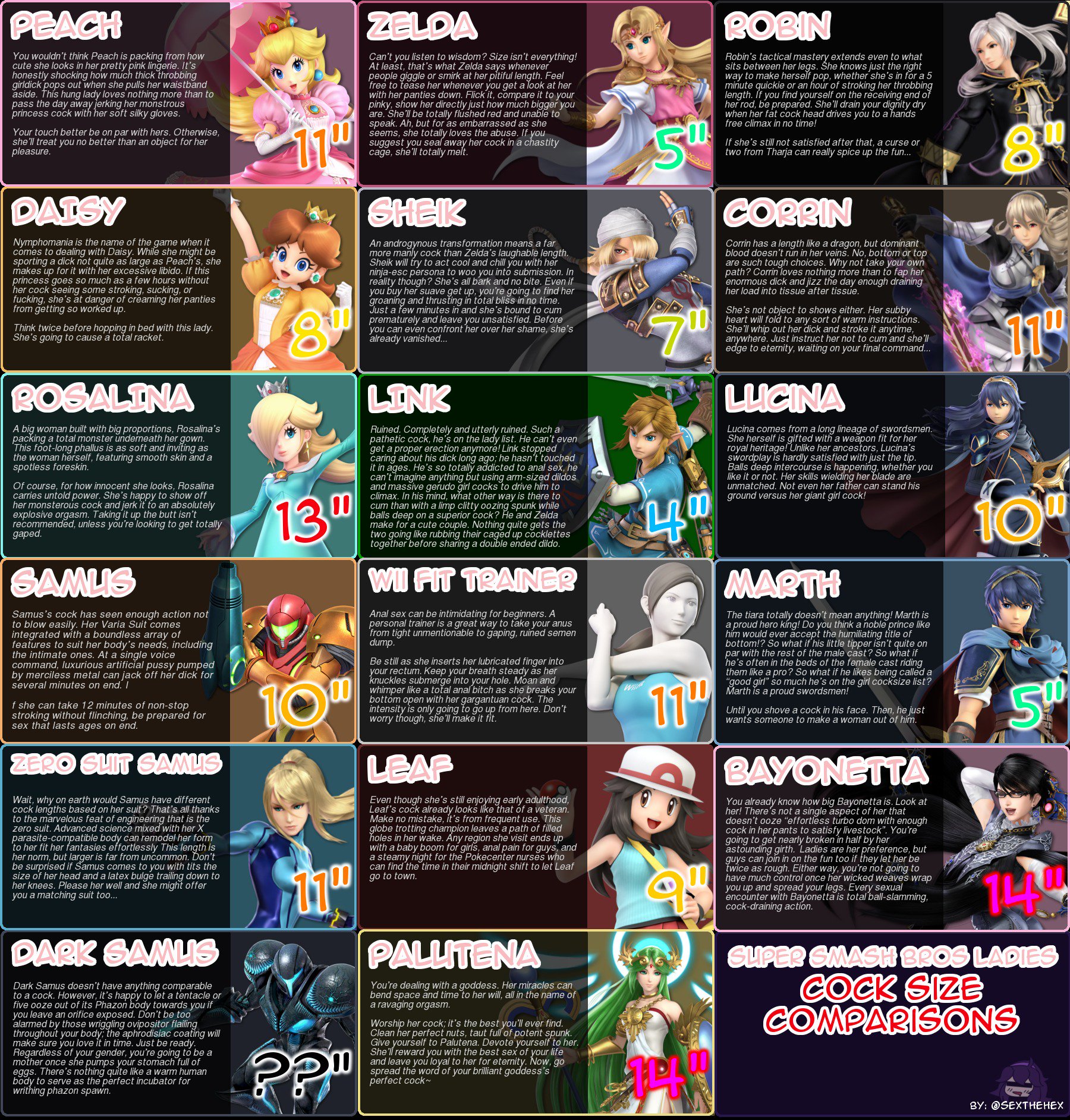 SexTheHex on X: I was commissioned to make a sequel to the Pokegirl  Cocksize Comparison chart, this time with Smash Bros ladies! Enjoy! Full  size: t.cowxz5NaWBxL More detailed individual ones in thread