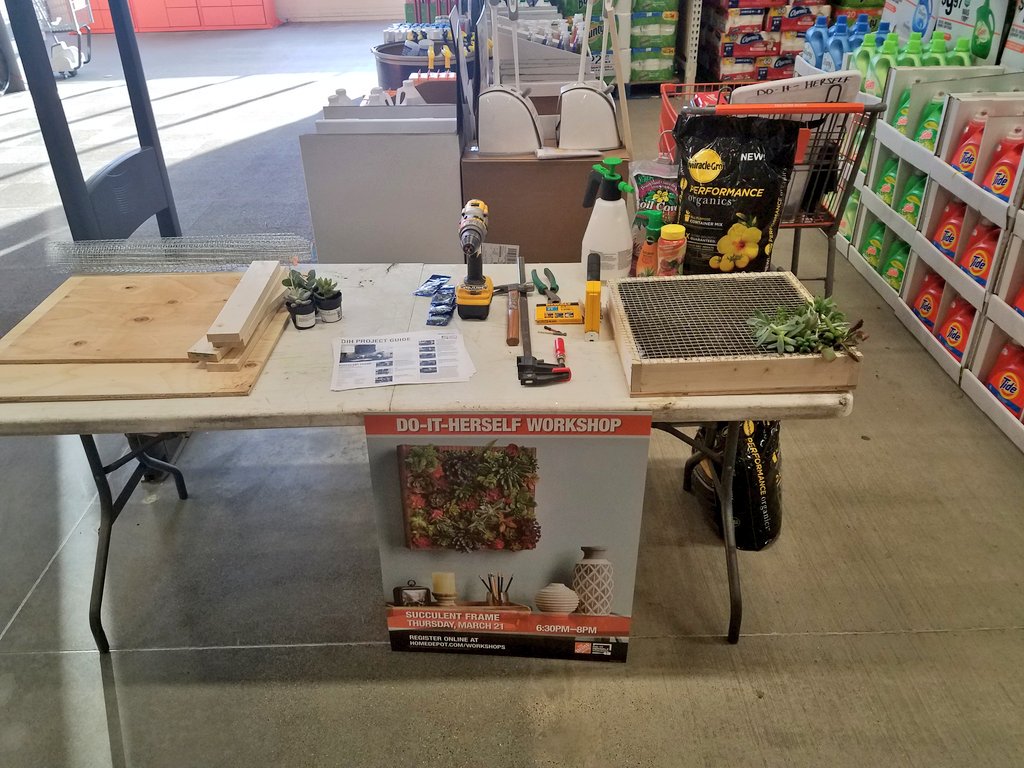 AriesOF1995's tweet photo. All ready to teach you how to DO IT HERSELF! Succulent Wall Decor! Featuring the newest MiracleGrow Organics! Come down to Issaquah Home Depot...starting time is 6:30! #DIH #WorkshopsthatWORK @taelyloynd @THDPNWPride @HDJimCook https://t.co/GBWK11VfdX