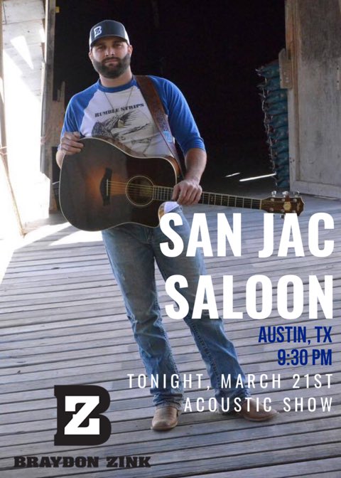 TONIGHT! Do I have any Austin friends that party on Thursday nights?! If so, come on out tonight to @sanjacsaloon on 6th street! Playing from 9:30pm-12:30am. #braydonzink #braydonzinkmusic #sanjacsaloon #keepatxcountry #keepaustincountry #livemusic #livemusicinaustin