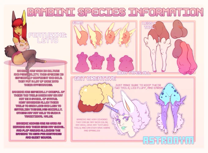 I made a species guide for Letto's original species (they were recently renamed)
Check it out!

MYOs are $30 and I'll be posting some bases on gumroad soon so keep a look out~

#closedspecies #adoptables 
