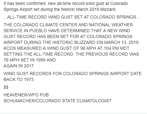 NWSPueblo's tweet photo. We have the confirmation that last week's 96 MPH at Coloardo Springs Airport (KCOS) was the strongest ever recorded at the airport. #cowx #MarchBlizzard https://t.co/OEWbcjIPRw