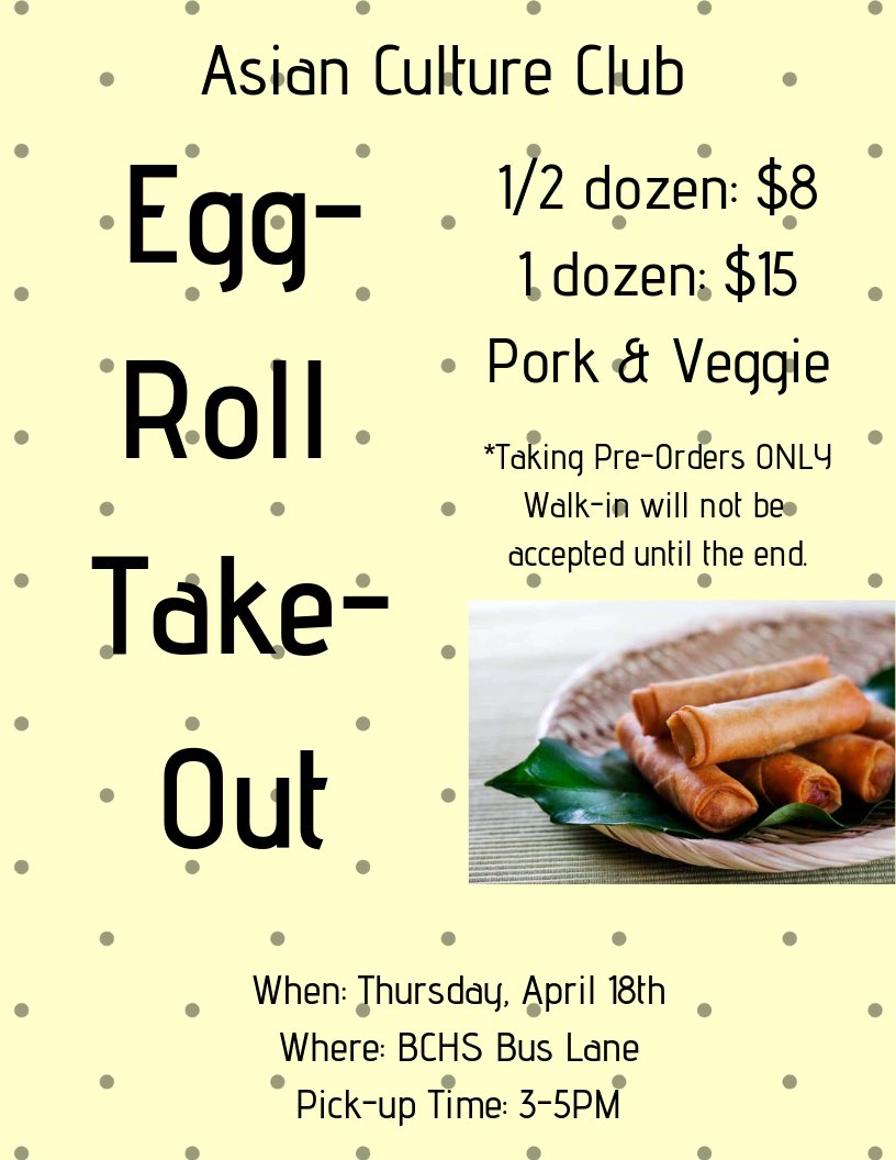 Help and support A.C.C with our Spring Eggroll Fundraiser! You can buy tickets from our club members !