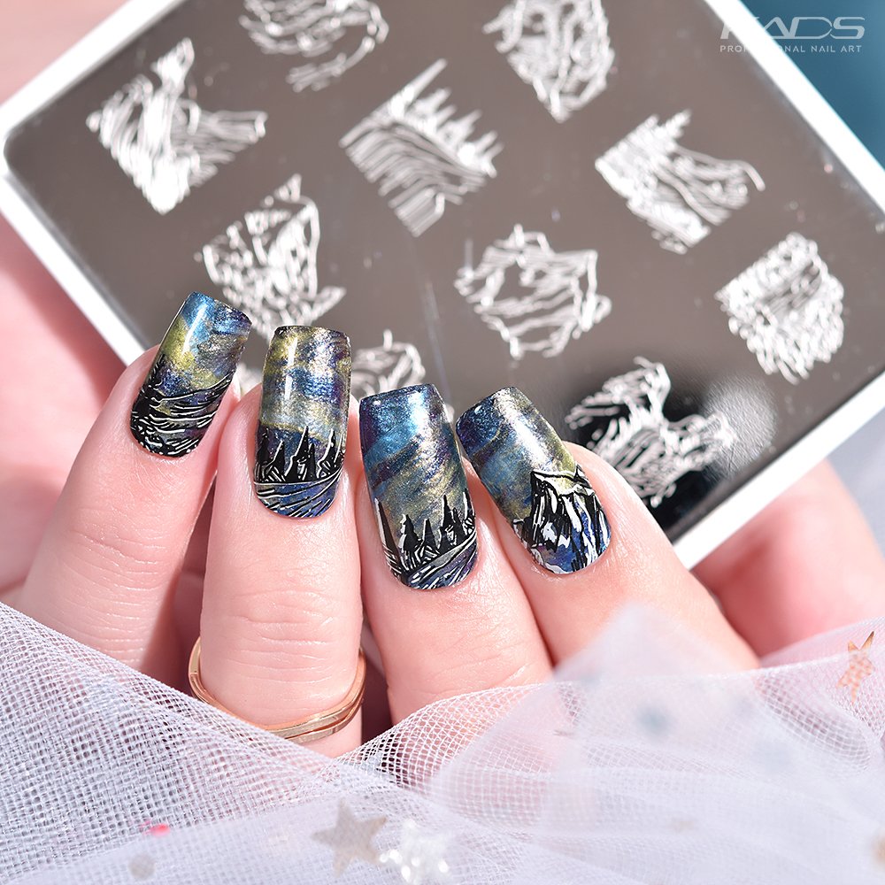 Kadsnailart's tweet photo. Nail design using KADS stamping plate Nature 003 from AliExpress store(link in bio). #nails #kads #kadsnailart #nailart #nailfashion #nailwork #naildesigns #nailplates #nailpolish #nailartaddict #aurora #travelnails #winternails #galaxynails #starrynails #starrynight https://t.co/puD7E2ake6
