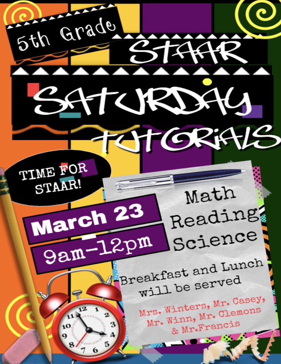 BurrusES's tweet photo. Just a reminder STAAR Saturday Tutorials for all 4th & 5th Grafe students this Saturday, March 23 from 9am until 12pm 🐝💛💙 #STAARReady #BurrusBees #LetsGetLetsGo @HISDWorkWithUs @HoustonISD @HISDSupe @hisdnorth @RHONDAJN1 https://t.co/l1Vu8bEnj0
