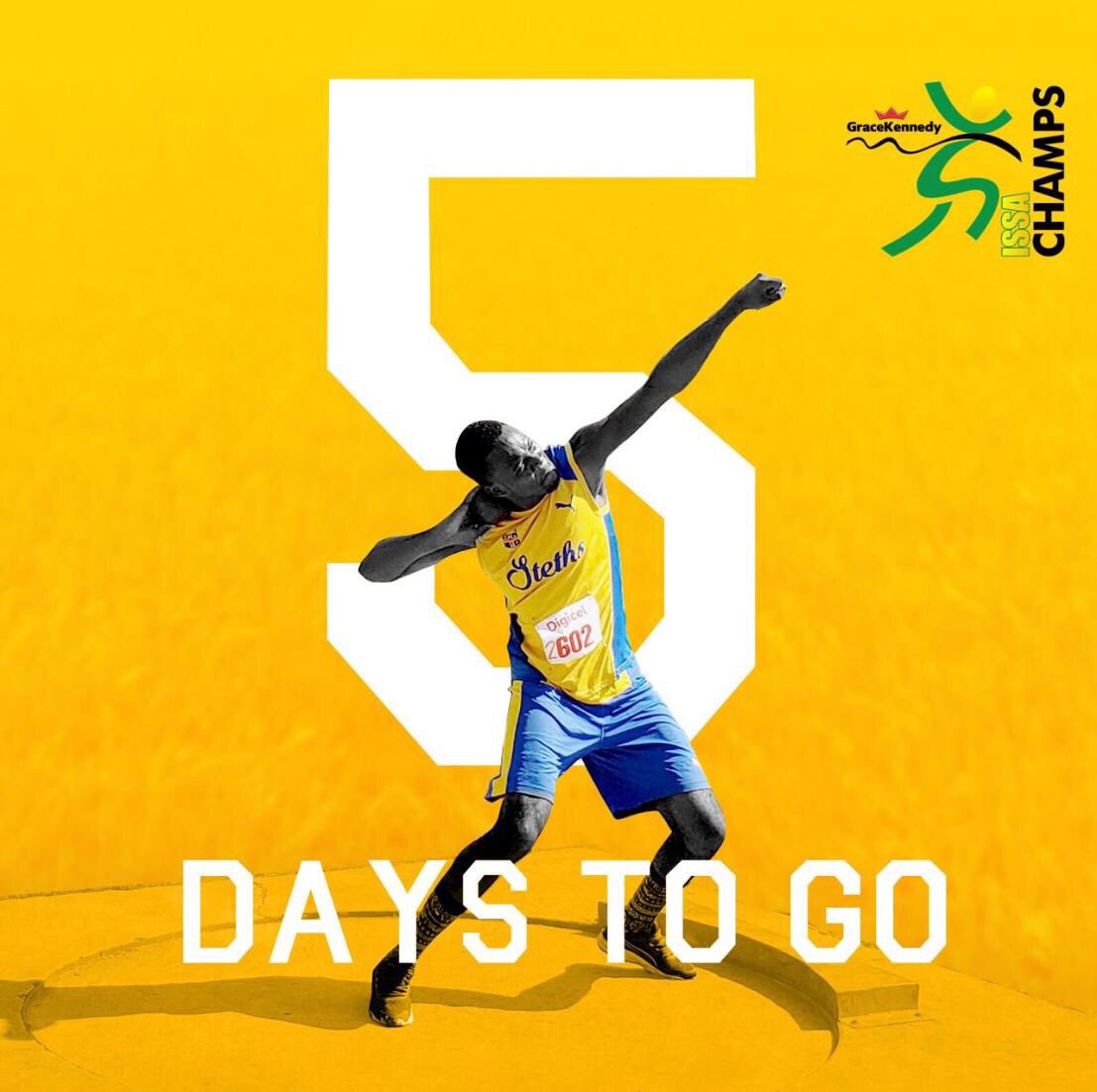 ISSASportsJA's tweet photo. It’s 5 days away! The ISSA/Grace Kennedy Boy’s and Girl’s Champs is almost here. What are you looking forward to at this year’s Champs.
.
Boy’s and Girl’s Champs - March 26-30 #TrackToChamps #GKChamps #ISSAChamps #ISSAChamps2019 https://t.co/VR54l3lcZa
