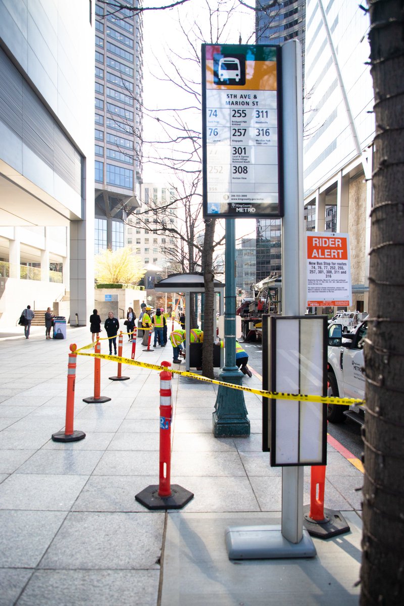 A new bus stop and shelters installed at 5th and Marion