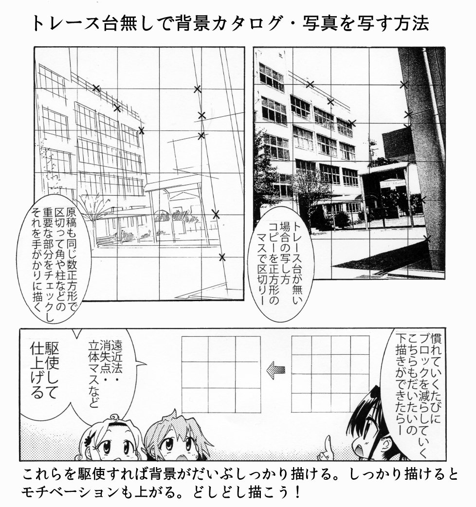 背景が苦手な漫画の初心者は背景カタログを使って背景をトレース（写して）描こう！　５カットも描けばかなり上達する！トレース台がない人はマス目どりでも描けるぞ！ 