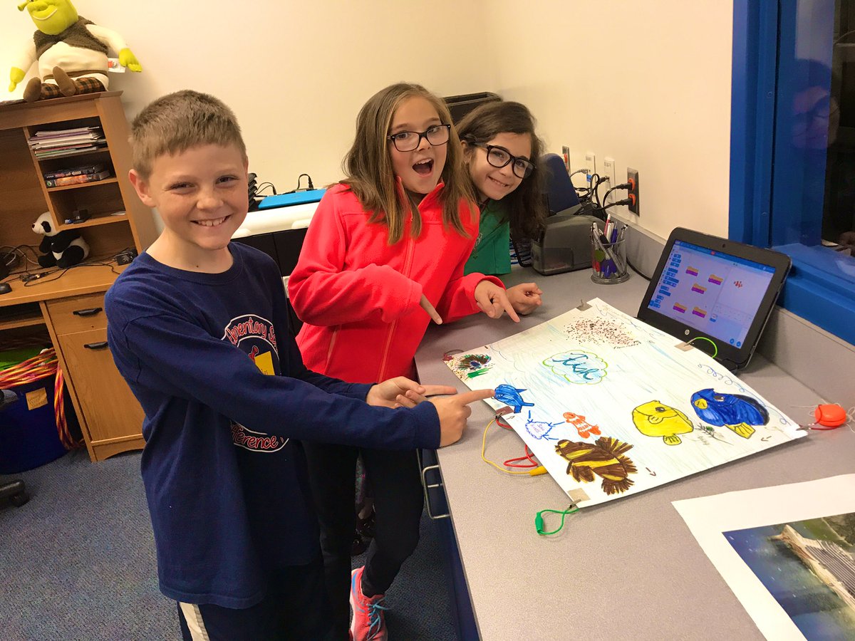 bdabsteach's tweet photo. Today was fun! @wespandas 4th graders showed off their #interactiveposters to other students, parents, and staff. They did an excellent job of explaining the process and how it works. I'm so proud of them! #asd2rocks @scratch @makeymakey https://t.co/9Yi1kgVdKc
