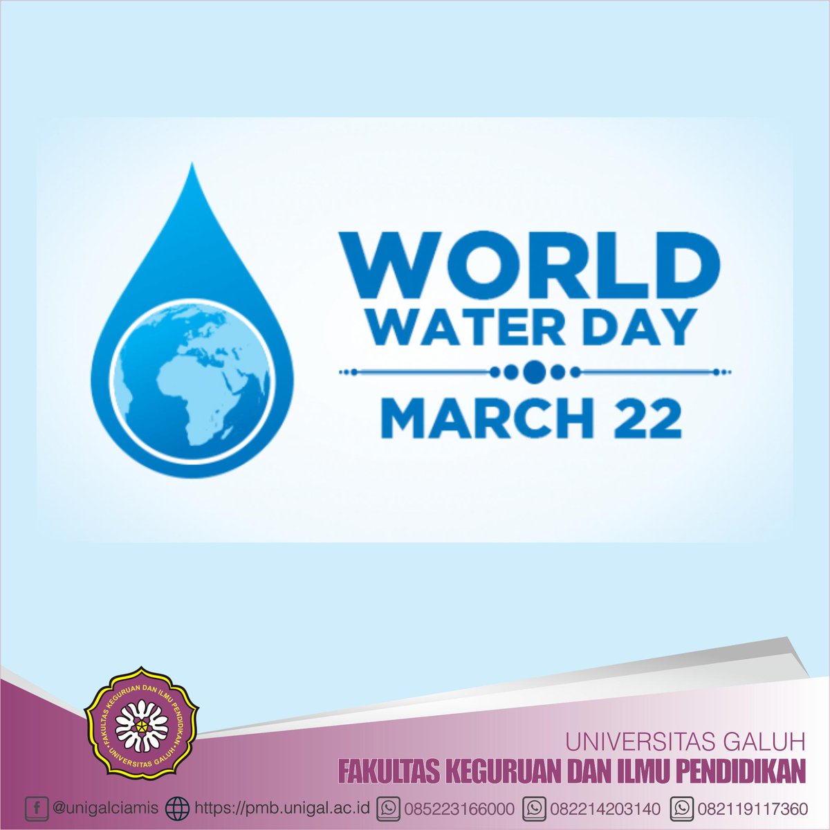 FkipUnigal's tweet photo. World Water Day - 22 Maret 2019
#WorldWaterDay

Fakultas Keguruan &amp; Ilmu Pendidikan
Universitas Galuh
Menerima Pendaftaran Mahasiswa Baru
Tahun Akademik 2019-2020

Hubungi :
085223166000
082214203140
082119117360

#fkipunigal #fkipunigalciamis #pmbfkipunigal2019 
#unigalciamis https://t.co/3bRnjBICBl