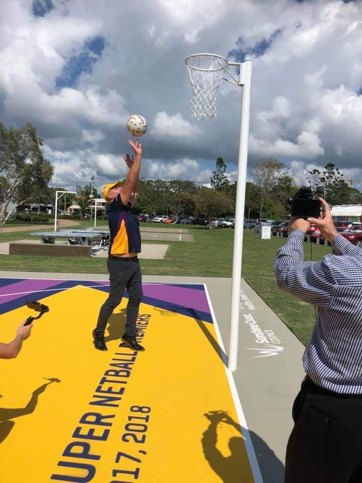 JasonOPray's tweet image. The very first netball through the netball hoop at the ⚡️Half court at Cotton Tree. Hope this inspires the next gen of @sc_lightning fans and stars. #qldpol #lightitup #netball #sunshinecoastbc #sunshinecoast