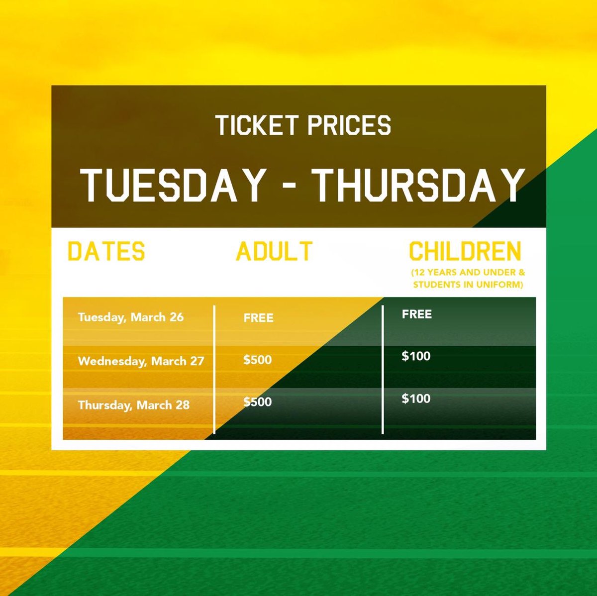 ISSASportsJA's tweet photo. Tickets go on sale Tuesday March 26 at the National Stadium ticket outlet. 🎫
.
.
ISSA GaraceKennedy Boys & Girls Championships, March 26-30
.
#IssaChamps #IssaSportsJa #TrackToChamps https://t.co/SKgbLU16N1