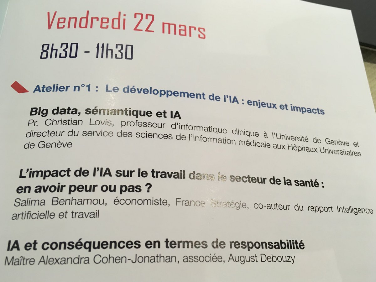 Atelier 1 <a href="/le_Graph/">Le Graphiste</a> : Enjeux et impacts de l’intelligence artificielle avec @chr_lovis Pr. aux @Hopitaux_unige , <a href="/SalimaBenhamou1/">Salima Benhamou</a> économiste @Strategie_Gouv et Alexandra Cohen-Jonathan associée <a href="/AugustDebouzy/">August Debouzy Avocats</a> . Modération <a href="/OliviaDeschamp9/">Olivia Deschamps</a> <a href="/CHRU_de_Nancy/">CHRU de Nancy</a>