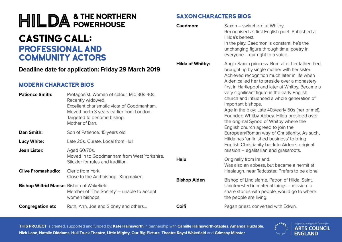 HildaPowerhouse's tweet photo. **CASTING CALL**
We are casting for Hilda &amp; the Northern Powerhouse! Lots of fantastic roles for both professional actors and a community cast - check out the details in the photos and apply to Hildapowerhouse@gmail.com by 29th March
#castingcall #auditions https://t.co/MbryMafgwW