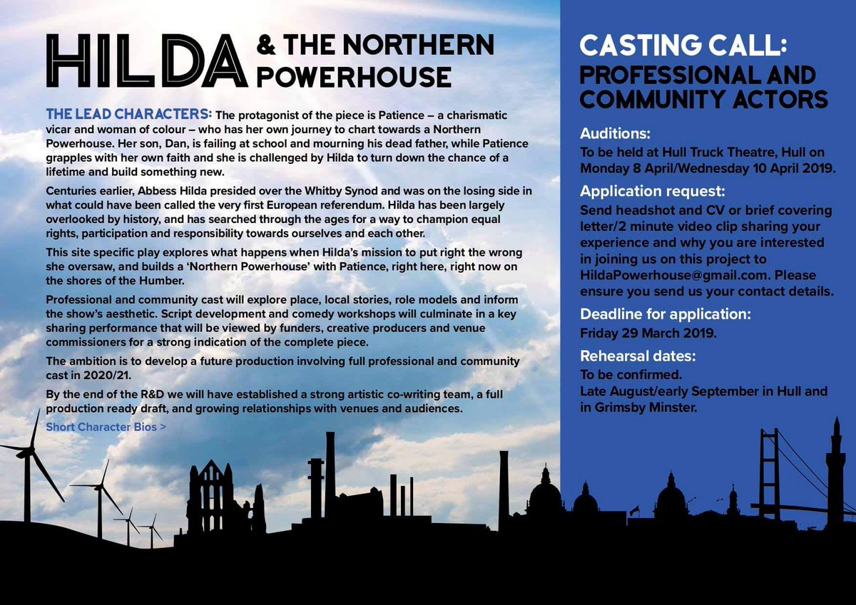 HildaPowerhouse's tweet photo. **CASTING CALL**
We are casting for Hilda &amp; the Northern Powerhouse! Lots of fantastic roles for both professional actors and a community cast - check out the details in the photos and apply to Hildapowerhouse@gmail.com by 29th March
#castingcall #auditions https://t.co/MbryMafgwW