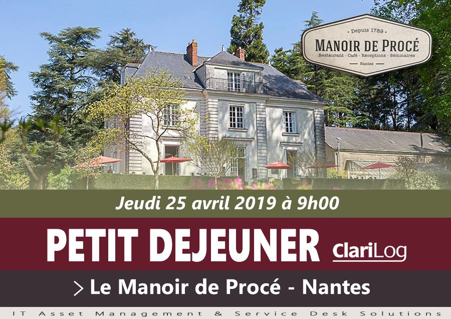 ClariLog France <a href="/CLARILOG/">CLARILOG Groupe</a> a le plaisir de vous convier le jeudi 25 avril 2019 à 9h00 au Manoir de Procé @ManoirDeProce à NANTES pour un petit déjeuner/conférence sur la Gestion de parc et le HelpDesk. Pour vous inscrire : clarilog.com/inscription-pe… … ou au 0323656595