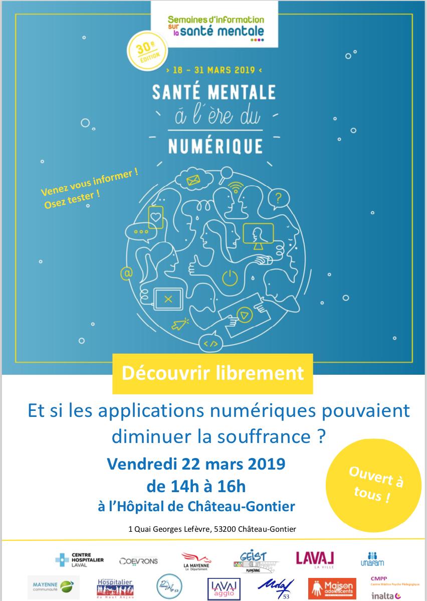 Save the Date: Vendredi 22 mars 2019, poursuite des temps itinérants de la SISM 2019 : présentation de certaines applications sur la e santé mentale à la chapelle du centre hospitalier de Château-Gontier de 14h à 16h . Nous y serons , venez nombreux ! 
#sism2019
#esantémentale