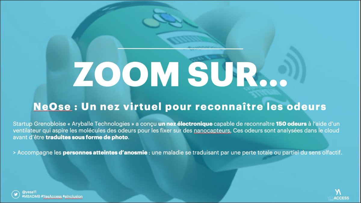 yesa11y's tweet image. [LE SAVIEZ-VOUS] la Startup grenobloise @aryballe a conçu un nez électronique capable de reconnaîtrez plus de 500 odeurs👃
#yesaccess #einclusion #MBADMB