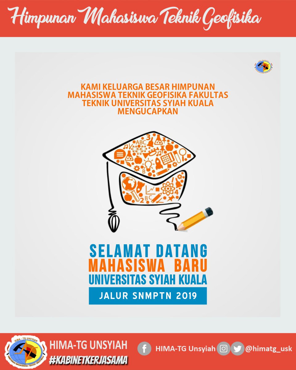 [SNMPTN 2019]
Selamat datang Mahasiswa Baru Teknik Geofisika Unsyiah 2019 Jalur SNMPTN. Semoga dapat menimba ilmu dengan baik dan memberi harum nama Teknik Geofisika Unsyiah kelak.

#HimaTG #KabinetKerjasama #Geofisika #FT #Unsyiah #Aceh