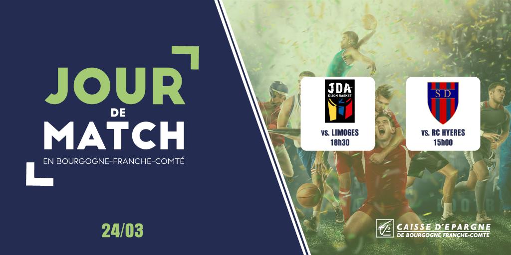 CaissEpargneBFC's tweet photo. il va y avoir du sport ce week-end en #BFC : 
@jdadijonbasket ⚡️ @limogescsp à 18h30 au Palais des Sports #Dijon #JeepElite #Espritbasket 
@stadedijonrugby ⚡️ @RCHCCrugby à 15h00 au Stade Bourillot #Dijon 
#PartenariatCEBFC #TeamCEBFC https://t.co/iD0ju7uqQA