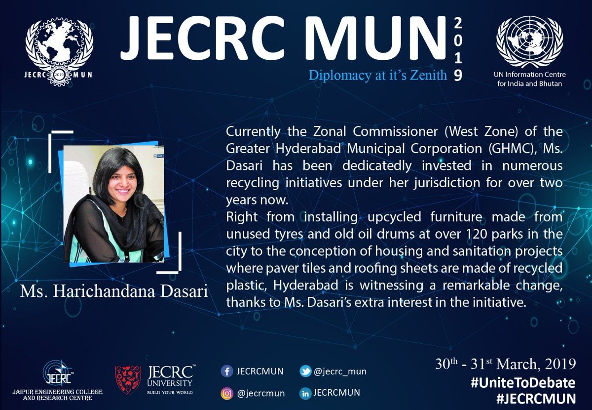 JECRC_MUN's tweet photo. We gladly present our second Chief Guest for JECRC MUN 2019, Ms. Hari Chandana Dasari. Currently the Zonal Commissioner for West Zone of GHMC, she is the mind behind the recycling revolution of Hyderabad.
https://t.co/CSNdlNBqno
#JecrcMun #UniteToDebate #Jaipur #UNIC https://t.co/7u8zevbZGK