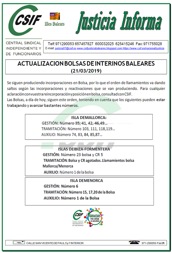CSIFJusticiaNac's tweet photo. Actualización de la Bolsa de interinos de Baleares #CSIF #Justicia #Baleares 
https://t.co/kVYCho7wxM https://t.co/56y8sVJf5s
