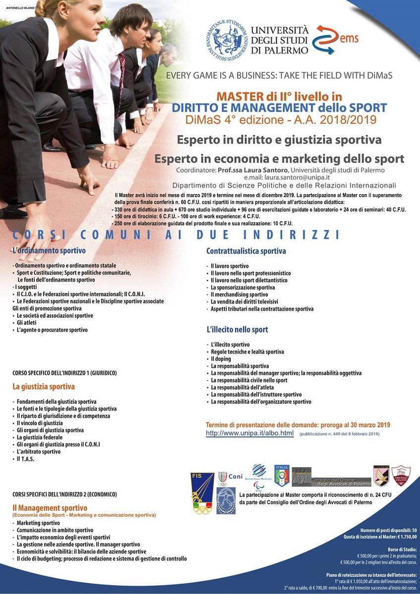 Master di II° livello in Diritto e Managementi dello Sport tinyurl.com/y3f767wb