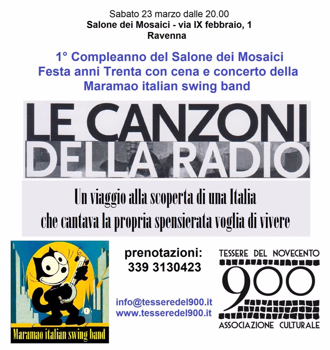 tesseredel900's tweet photo. Festeggiamo tutti insieme il compleanno del Salone dei Mosaici e dell'Associazione Culturale @tesseredel900 con una serata imperdibile!

Cena e Concerto della Maramao Italian Swing Band:
Le Canzoni della Radio! https://t.co/7k5SB3oJGg