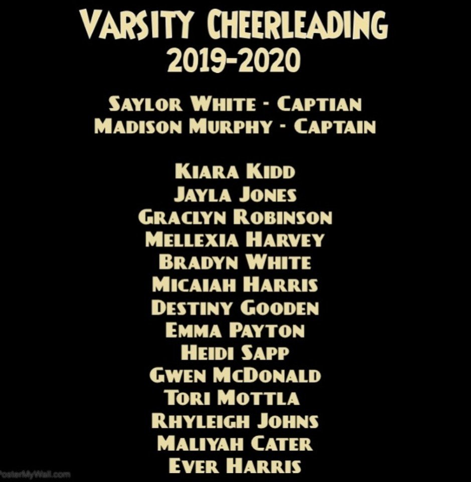 AWatts0610's tweet photo. Your 2019-2020 Varsity Cheerleaders! Congratulations ladies! 🖤💛  @bbcomertigers @BBCMHS https://t.co/JnzJ4VjsRw