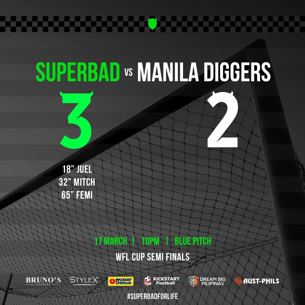 SuperbadFC's tweet photo. To the FINAL! SBFC getting a hard-fought win to punch their ticket for the WFL Cup Finals!

SBFC 3 - MD 2
⚽️ Juel (‘18)
⚽️ Mitch (‘32)
⚽️ Femi (‘65

#SuperbadFC #Superbadforlife #WFLCup #BrunosBarbers #StylexPh #MisterDonut #KickstartFootballPh #DreamBigPilipinas #AustPhils https://t.co/er5NZ2rpMd