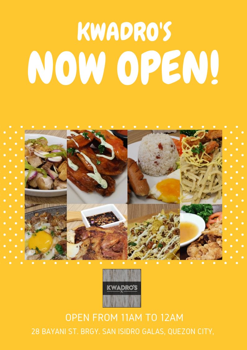 The long wait is over! Kwadro's is Now Open! Come visit us at 28 Bayani St. Brgy. San Isidro Galas, Quezon City. It's All about - Good Food. Good Friends. Good Times. 

#foodporn #foodpornph #foodstagram #FoodTalks #TeamKwadros