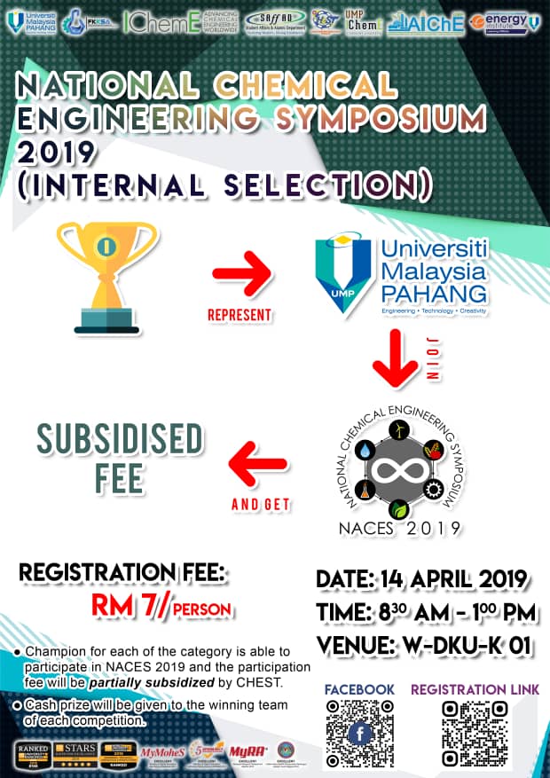 CHESTUMP's tweet photo. Hi everyone!
It is the last call for National Chemical Engineering Symposium (NACES) 2019 internal selection which open to all UMP students!
The winners for internal selection will get 90% subsidized participant fee in NACES 2019 from UMP!
Cash Prize also given to winners!!! https://t.co/2XvZ0PQ0hm