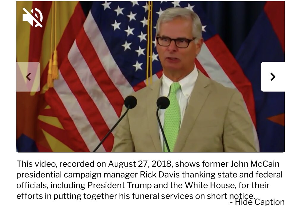 Rene_gadeCowboy's tweet photo. Video proof shows trump lied about not being thanked by the McCain’s .. Rick Davis read a long statement from the family ...When will ppl start calling him out 24/7 @GOP @realDonaldTrump @WhiteHouse #trumpmccain #JohnMcCain https://t.co/03TsNZoS5G