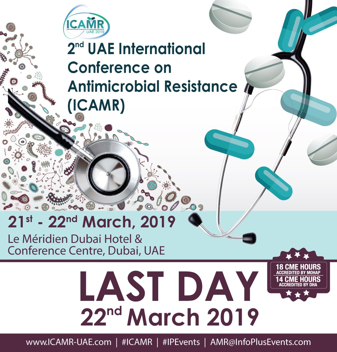 ICAMRConfUAE's tweet photo. On 2nd day of #ICAMR 2019 in Dubai, UAE; our speakers will provide updates on #InfectionPrevention in critical care &amp; AMR in Animal sector along with in-depth session on #AntimicrobialStewardship covering Role of ASP in #Emergency &amp; #Pediatrics
#AntimicrobialResistance #IPEvents https://t.co/ByPbdtpGGO