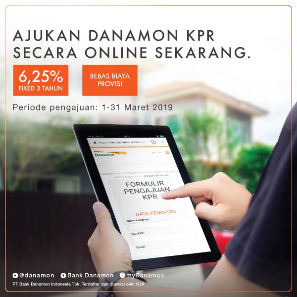 danamon's tweet photo. Pengajuan KPR kini lebih mudah dengan Danamon KPR online. Dapatkan juga bunga spesial 6.25% fix 3 tahun dan gratis biaya provisi.
Lakukan pengajuan melalui aplikasi D-Bank dari sekarang hingga 31 Maret 2019.
Info lengkap: https://t.co/bkK9tuJvVv
#Danamon #KPROnline #KPRDanamon https://t.co/rlfSt12Cc1