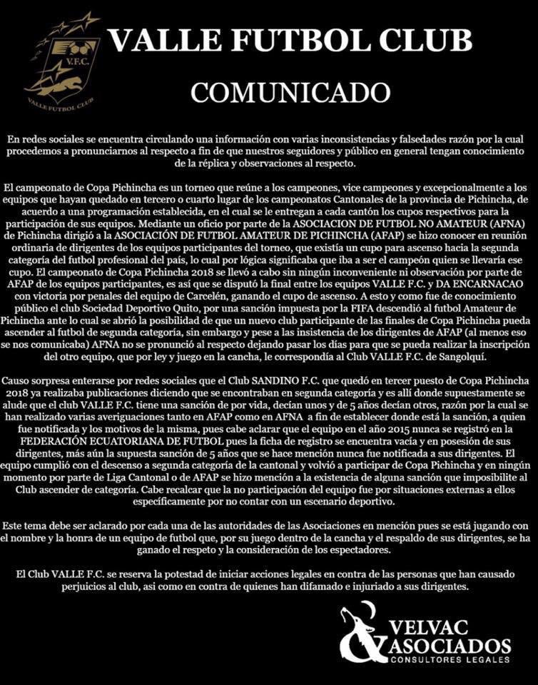 OteroLuis12's tweet photo. Tengo más preguntas, no acusaciones contra @AFNAPichincha, que se entienda bien. Me han contestado, no directamente pero finalmente contestado, y está perfecto. Dije que tenía dos preguntas más, aquí la primera de ellas. ¿Qué pasó con el #ValleFC? https://t.co/KulnegPW2b