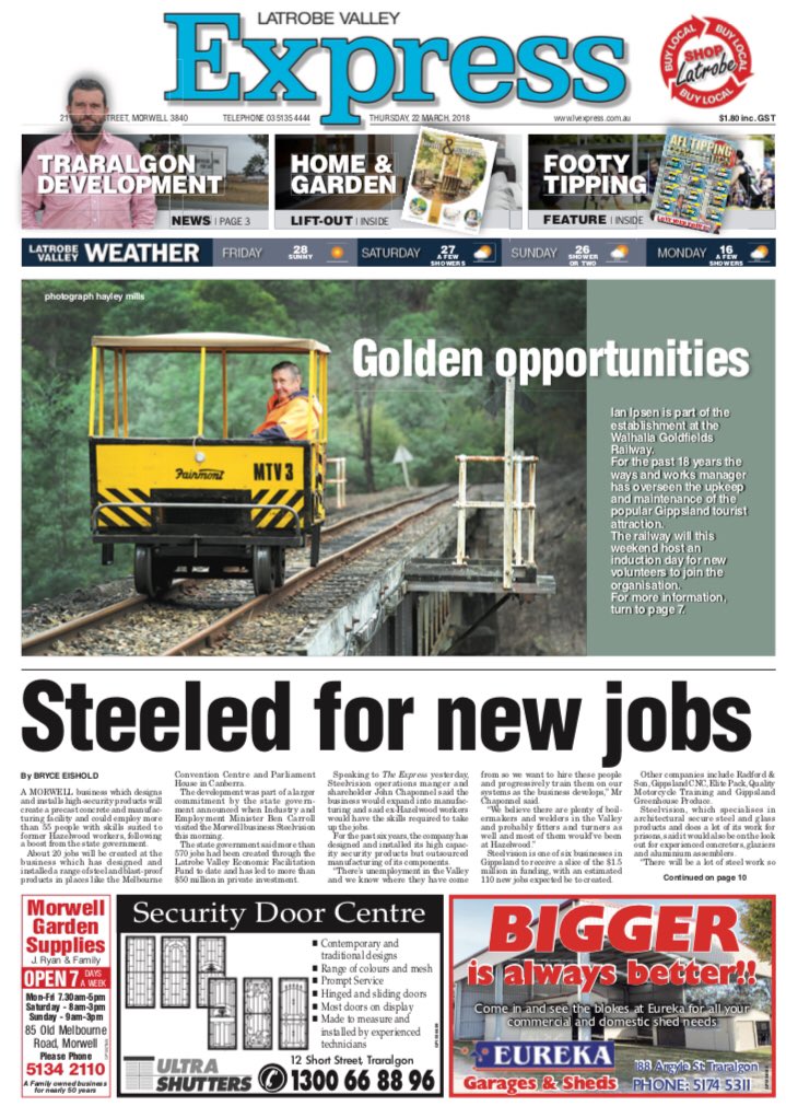 BryceEishold's tweet photo. It’s been a year to the day since the first #Steelvision story went to print. Twelve months on and the story’s a bit different from this one. @JarrodWhittaker #gippsnews https://t.co/qushOBK30T