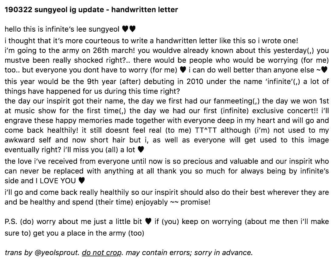 190322 sungyeol ig update - handwritten letter