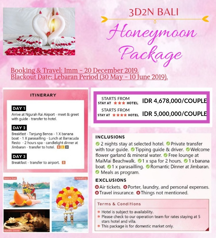 3D2N BALI Honeymoon ♥
Start from 4,6 jt/couple

More info : 
WA : 081250001190

#megatravcom#honeymoon#Balihoneymoon#packagehoneymoon#couple