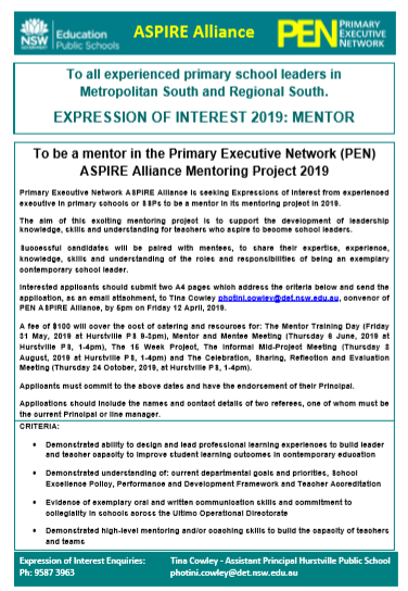 PENConference's tweet photo. Are you an experienced school leader or an aspiring school leader? Have a look at our EOI's for Mentors &amp; Mentees in our exciting @PEN_UltimoOD ASPIRE Alliance Mentoring Project 19. EOI's due 12.4.19 at 5pm. @photini_c . @AndrewFielding8 @marksteed6 @carla_d_a @CourtneyJKnight https://t.co/MTWmYItpAi