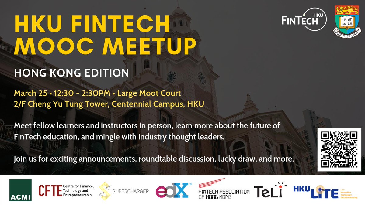 We are excited to host the 1st #meetup for #HKU Intro to #FinTech #MOOC on <a href="/edXOnline/">edX</a> ! Come by Monday lunchtime to meet fellow learners &amp; instructors, learn about the future of FinTech education, &amp; mingle with industry thought leaders: bit.ly/2TyWy3X #networking #event