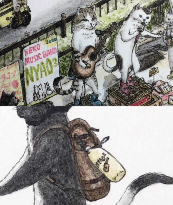 【お絵描き小話のつづき】黒ぶち猫のキミがリュックに付けているペットボトルカバーは、大阪駅北口でよくライブをしているネコバンド「NYAO3」のオリジナルグッズ。という、自分でも忘れていた細かな設定。ちなみにNYAO3は本来3猫体制ですが、1匹旅に出ているため2猫体制で活動中です。maniac…! 